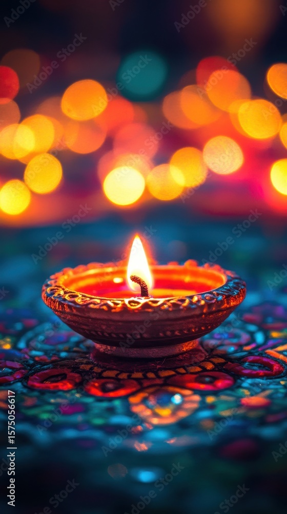 Poster close up of a diya lamp with a flame on a colorful surface with bokeh lights in the background