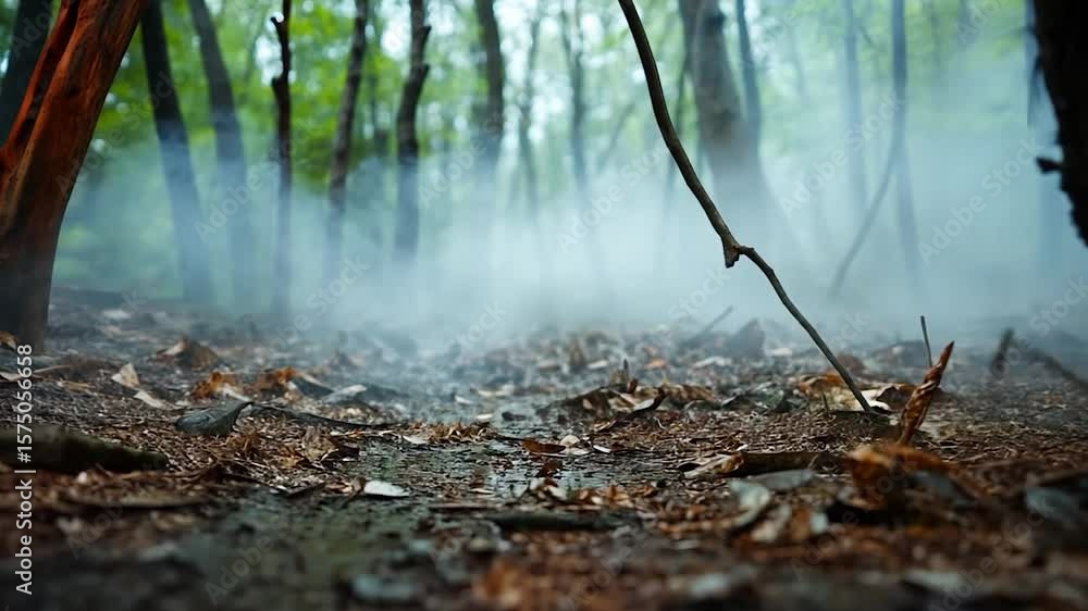 Poster ground-level shot of a foggy forest floor with decaying leaves and branches trees and foliage are vi