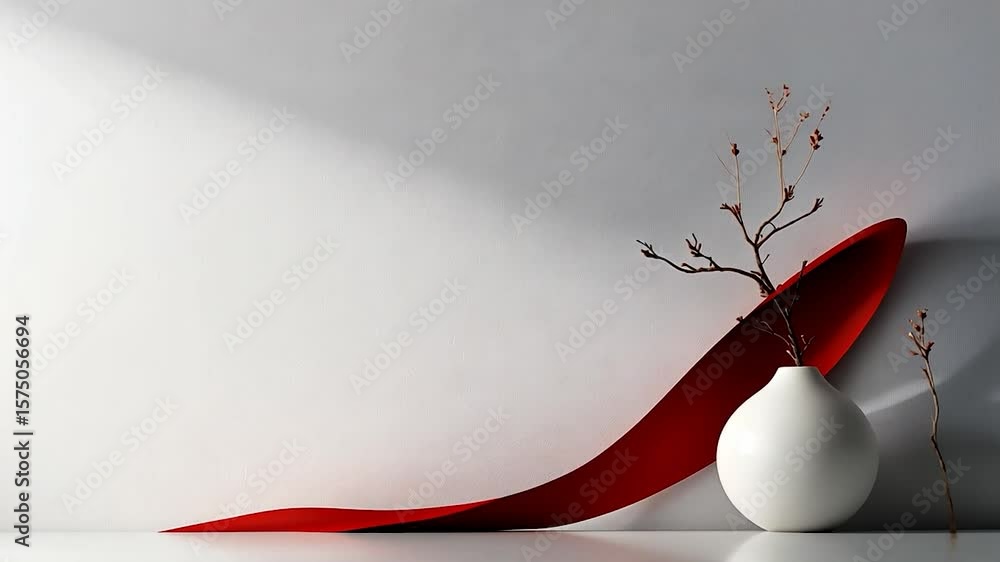 Aufkleber minimalist composition featuring a white vase with dried sprigs accenting a vibrant red element agai