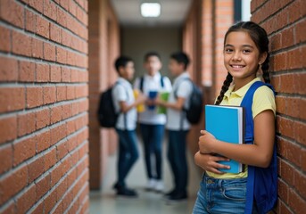 A smiling schoolgirl holds books while leaning against a brick wall in the school hallway.