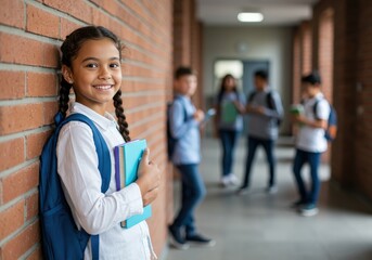 A young schoolgirl smiles in the hallway, holding her books and backpack, looking forward to the school day.