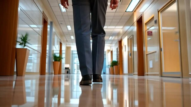 A man in formal attire walks down a polished hallway with closed office doors under bright lighting. Low angle view focuses on the feet and legs creating a sense of motion and business