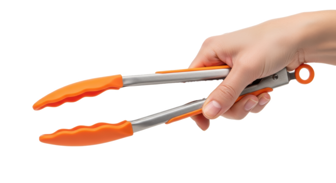 A hand holding a pair of metal tongs with orange silicone tips against a black background closeup view