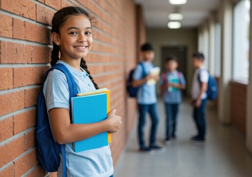 A young schoolgirl smiles holding her books in a school hallway.