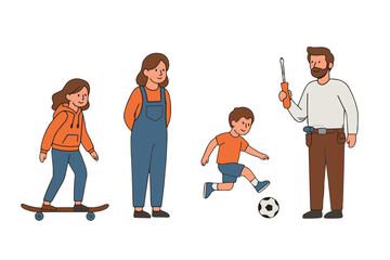 Cartoon family with kids playing and parents watching, flat vector style, on white background, happy moments and International Day of Families concept,