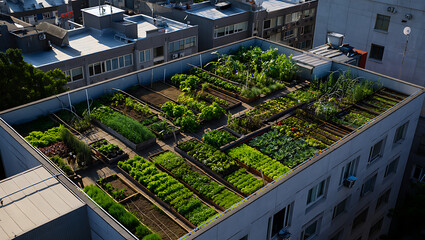 Urban rooftop garden with diverse vegetables and green crops growing in raised beds on top of a city building showcasing sustainable farming organic food production and urban agriculture concept