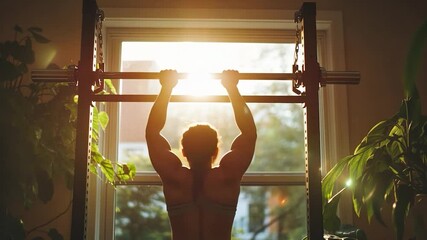 Backlit view of person performing pull-ups at home, with sunshine streaming through the window. Surrounded by gym equipment and plants, creating a bright and energetic atmosphere - Powered by Adobe