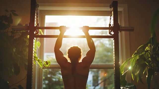 Backlit view of person performing pull-ups at home, with sunshine streaming through the window. Surrounded by gym equipment and plants, creating a bright and energetic atmosphere