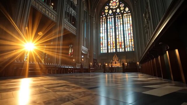 Interior view of a cathedral with sunlight streaming through stained glass windows creating a golden glow. Features architectural details and ambient lighting