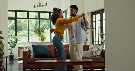 Happy couple, dancing and love in home, bonding and care with laugh in living room with connection. People, man and woman in relationship, rhythm and smile for loyalty, partner or trust at apartment - Powered by Adobe