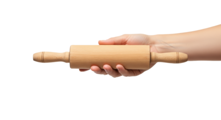 A hand holding a wooden rolling pin against a black background in a horizontal composition view shot