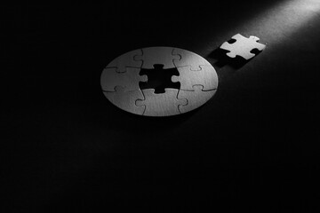 Business concept,collaboration,cooperation,teamwork, innovation,human resources,recruitment,team building, jigsaw puzzle pieces, black and white image. Shallow depth of field.
