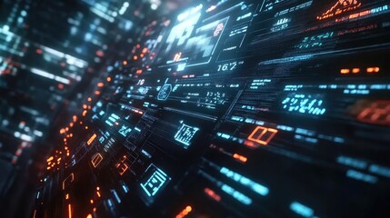 Close-up of high-tech digital control panel featuring glowing orange and blue data charts, metrics, and interface elements. Generative by AI