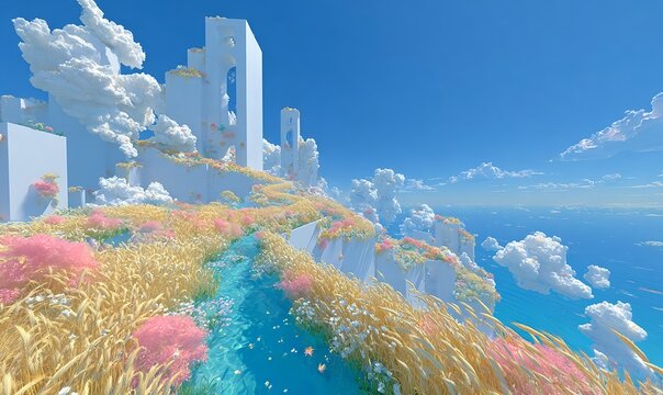 Vibrant turquoise water running beside a large golden wheat field with pastel flowers and surreal clouds creating a dreamcore inspired landscape