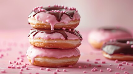 Iced chocolate donuts on a pink backdrop