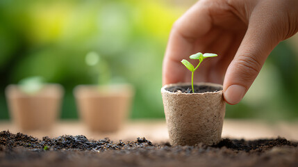 Close up of hand planting small biodegradable pot with green seedling into soil representing sustainability gardening growth nature care eco friendly farming and environmental responsibility