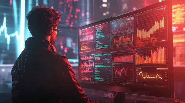 Person in dark room facing multiple monitors displaying charts, data, and trading analytics with futuristic financial visuals. Generative by AI