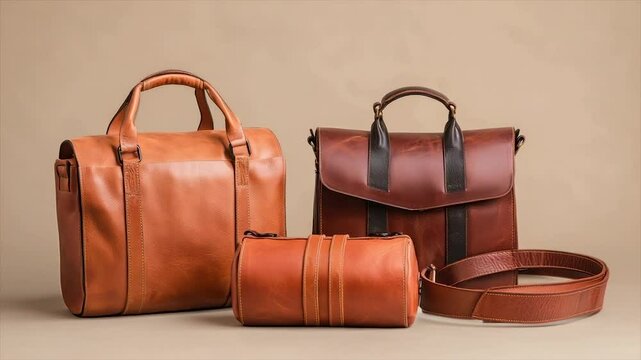 Three brown leather bags; a briefcase, satchel, and cylindrical case