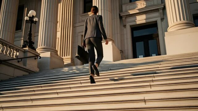 Businesswoman climbs courthouse steps, success concept. Confident lawyer enters law building, career advancement, ambition, legal profession, power, strong female leader, legal system.