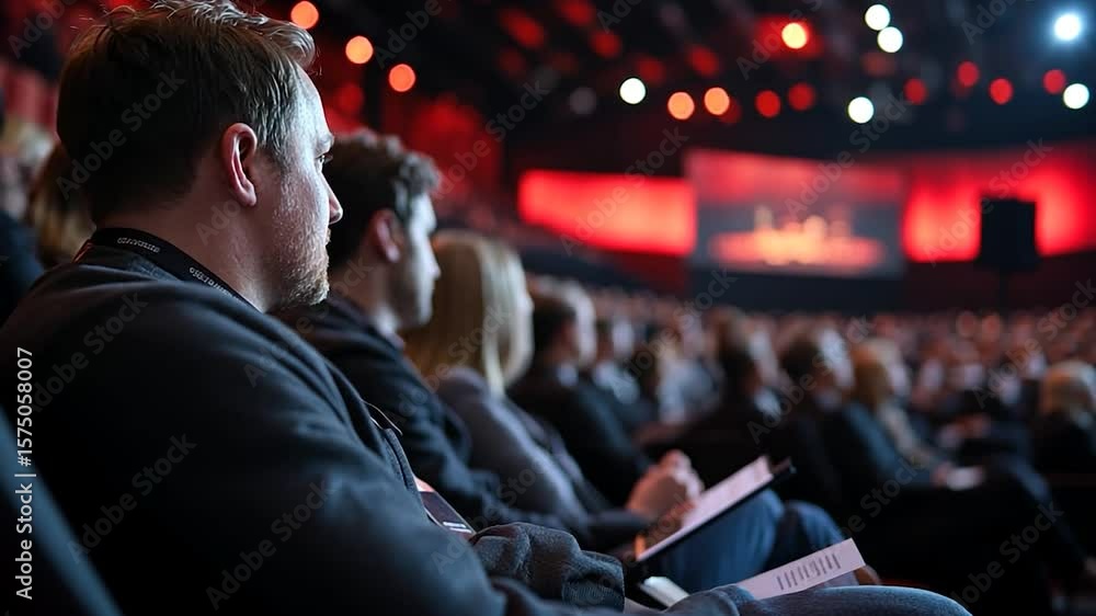 Poster audience members seated in a large conference hall watching a presentation illuminated by red stage 