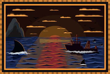 Vector rug design with dramatic sunset, fishing ship, sharks, and stylized waves. Elegant ornamental border enhances marine mood. Perfect for textile, print, or interior decor. EPS10 included.