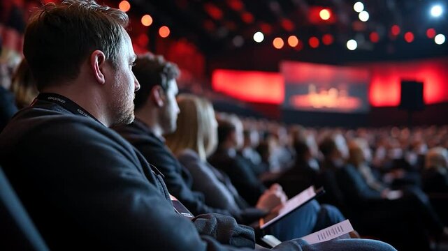 Audience members seated in a large conference hall watching a presentation illuminated by red stage lighting many attendees with notebooks - Powered by Adobe