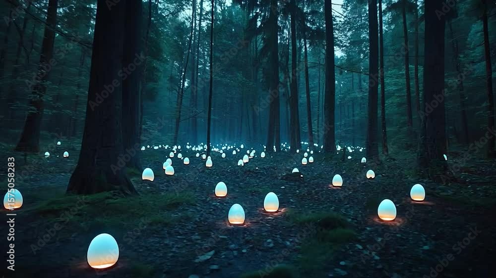 Poster mysterious forest scene at dusk featuring numerous glowing lights illuminating the ground creating a