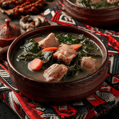 National cuisine of the Philippines - Tinola - soup with chicken, papaya, spinach, ginger.