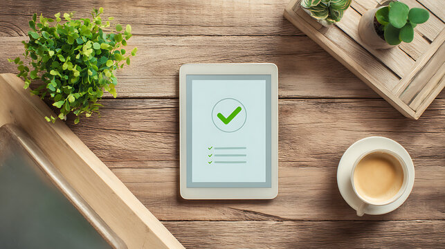 Digital tablet with green check mark on wooden desk surrounded by coffee cup potted plants and eco decor showing sustainable checklist productivity or carbon tracking app interface