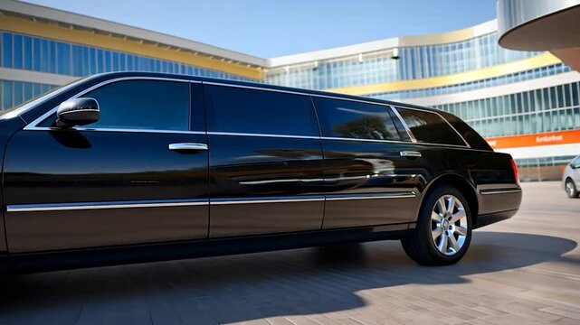 Black limousine parked outside a modern building with glass facade reflecting sunlight. Other vehicles and people in the background, creating a scene of luxury and transport