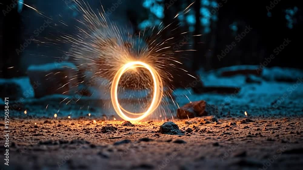 Poster a glowing fiery circle of light is displayed against a blurred backdrop of a forest at night with sp