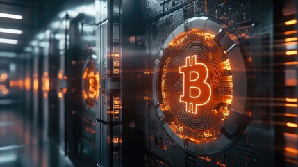 Row of glowing Bitcoin symbols embedded in mechanical wall structure with bright orange lighting effects. Generative by AI