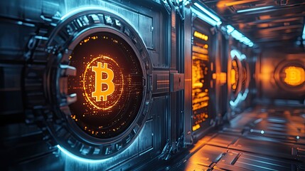 Row of glowing Bitcoin symbols embedded in mechanical wall structure with bright orange lighting effects. Generative by AI