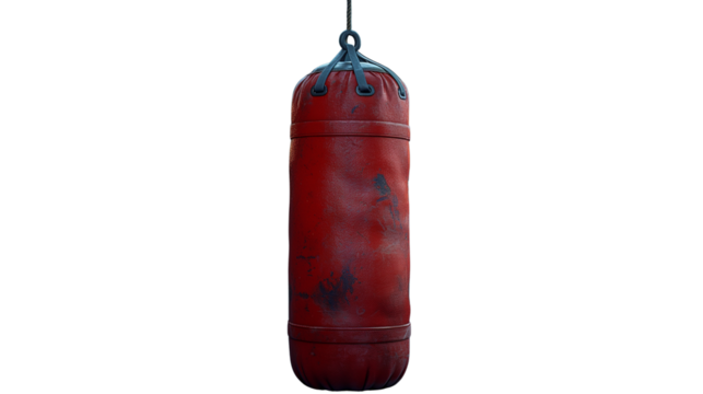 Real texture and wear effects from photo.  Transparent PNG. Single red punching bag hanging with subtle bruises. Suitable for fitness campaigns, boxing gear promotions, and sports app interfaces.