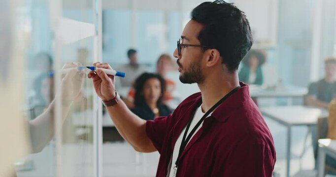 Man, lecturer and explain on board in classroom for tips, college lesson and teaching students. Professor, listen and learner question for learning revision, curriculum update and exam instructions