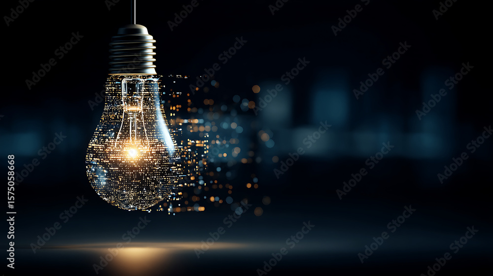 Poster glowing digital lightbulb disintegrating into particles symbolizing technology innovation data trans