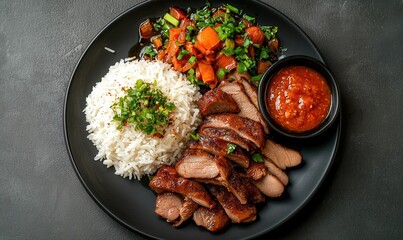 Crispy duck served on dark grey plate with rice and sambal against soft ivory background