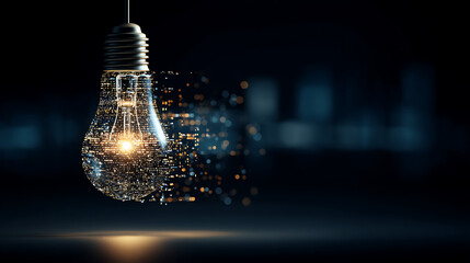 Glowing digital lightbulb disintegrating into particles symbolizing technology innovation data transfer futuristic energy creativity and abstract concept of digital transformation and ideas