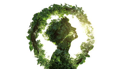 Double exposure of male silhouette merged with lush green foliage and sunlight symbolizing harmony with nature environmental awareness mental health and sustainable lifestyle concept