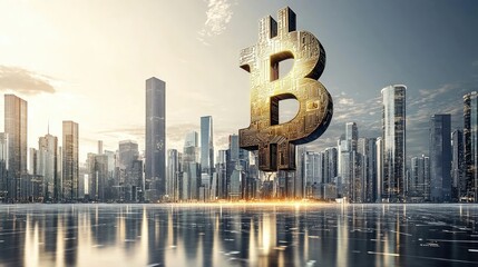 Gigantic Bitcoin coin integrated into futuristic skyscraper above modern city at sunset with vibrant sky. Generative by AI