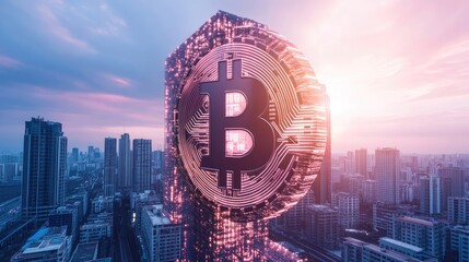 Gigantic Bitcoin coin integrated into futuristic skyscraper above modern city at sunset with vibrant sky. Generative by AI