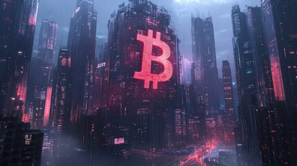 Gigantic Bitcoin coin integrated into futuristic skyscraper above modern city at sunset with vibrant sky. Generative by AI
