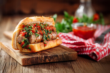 National Dishes of Argentina - Choripan. Chorizo sausage served in bread with chimichurri sauce