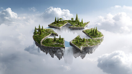Floating island shaped like a recycle symbol with lush green forest trees waterfalls and clouds in the sky symbolizing sustainability circular economy and environmental conservation concept