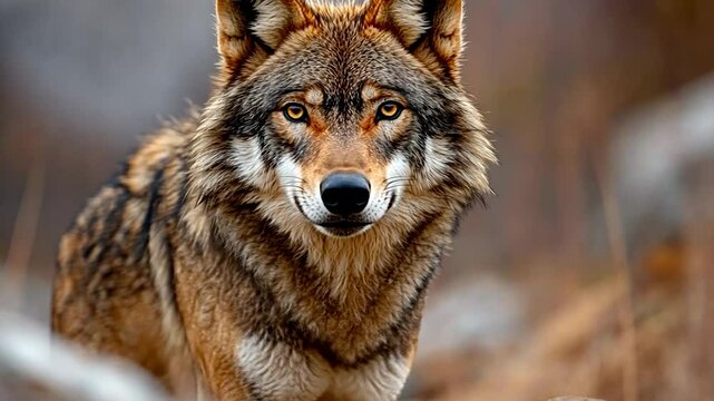 Close-up portrait of a wolf with intense golden eyes set against a blurred natural background. Detailed fur texture and color variations are visible with soft focus