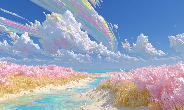 Dreamy turquoise water channels weaving across a large golden wheat field beneath a brilliant sky filled with soft clouds and vibrant colors
