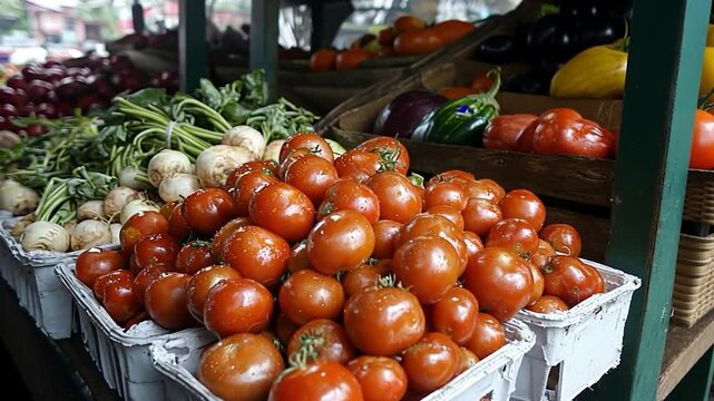 A vibrant market display showcasing fresh produce. Red tomatoes in foreground alongside white turnips and green vegetables. Other vegetables in wooden shelving