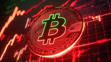 Bitcoin coin standing upright on ground with green and red market graph lines in background representing crypto trading activity. Generative by AI