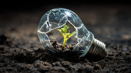 Seedling sprouting from cracked broken lightbulb on soil symbolizing green energy sustainability environmental renewal climate awareness and eco friendly innovation concept macro photo