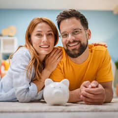 happy couple lying on floor and hold piggy bank, save coins together